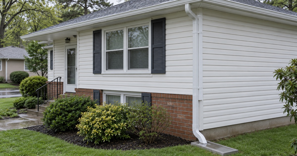A new white gutter and downspout carrying the last of a spring rain onto a splash block at a Brick Township split-level.
