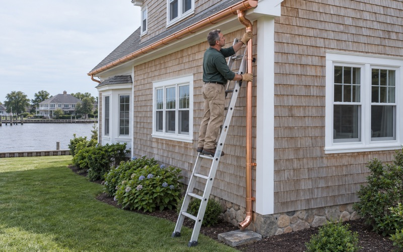 A new round copper downspout seated on the outlet of a copper half-round gutter on a shingle-style river house in Brick Township.