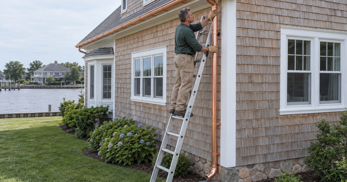 A new round copper downspout seated on the outlet of a copper half-round gutter on a shingle-style river house in Brick Township.