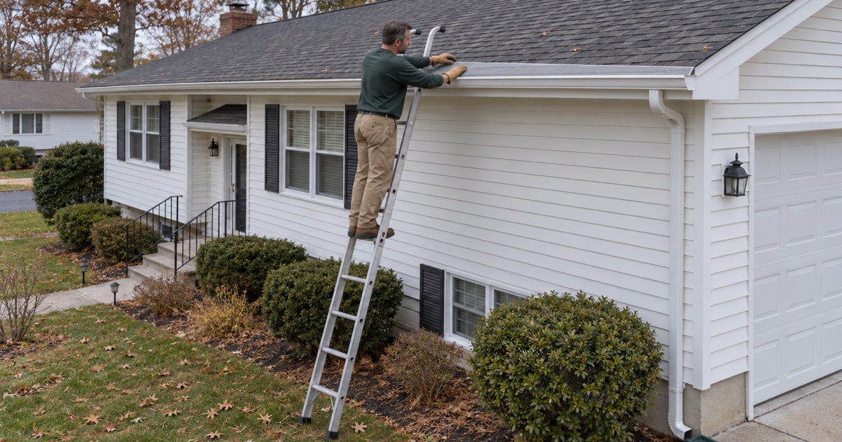 A stainless micro-mesh gutter guard being set along the gutter of a Brick Township split-level.