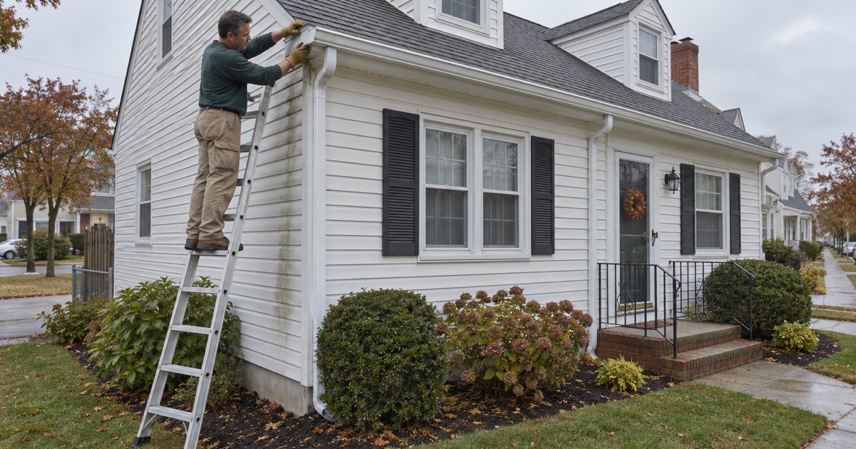 A leaking corner seam on a Brick Township cape’s gutter being covered with a new strip miter.