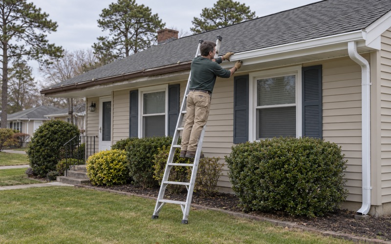 New seamless gutter replacing a dented old spiked gutter halfway along the eave of a Brick Township ranch.