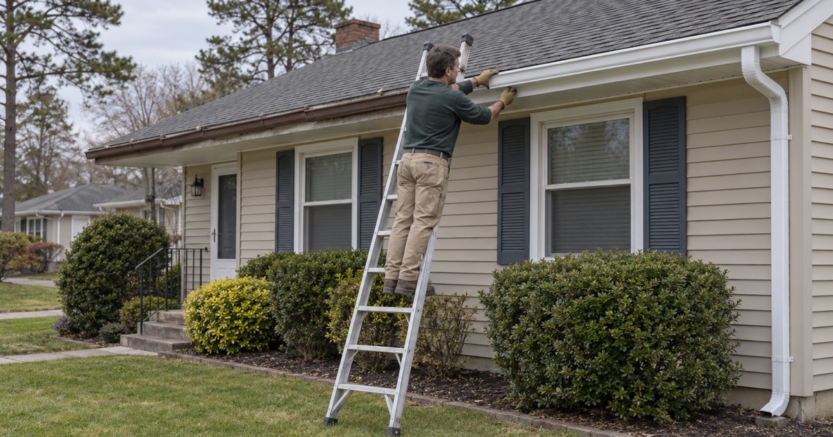 New seamless gutter replacing a dented old spiked gutter halfway along the eave of a Brick Township ranch.