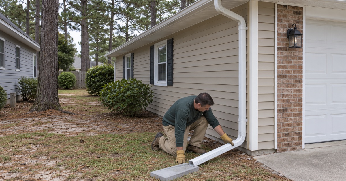 A downspout extension swung out over sandy ground at an Allenwood house