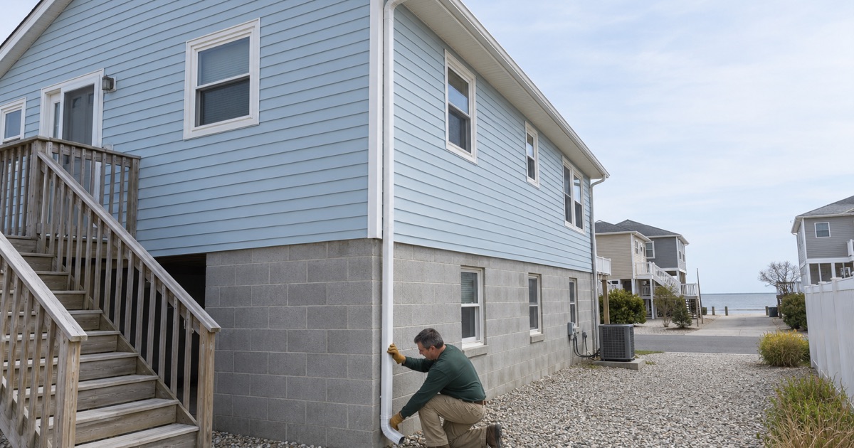 A downspout on a raised river-side Belmar house draining onto its own lot