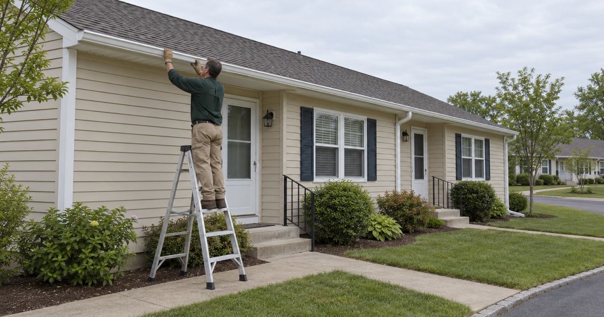 Gutter work on a building of attached homes in the Cedar Glen West cooperative
