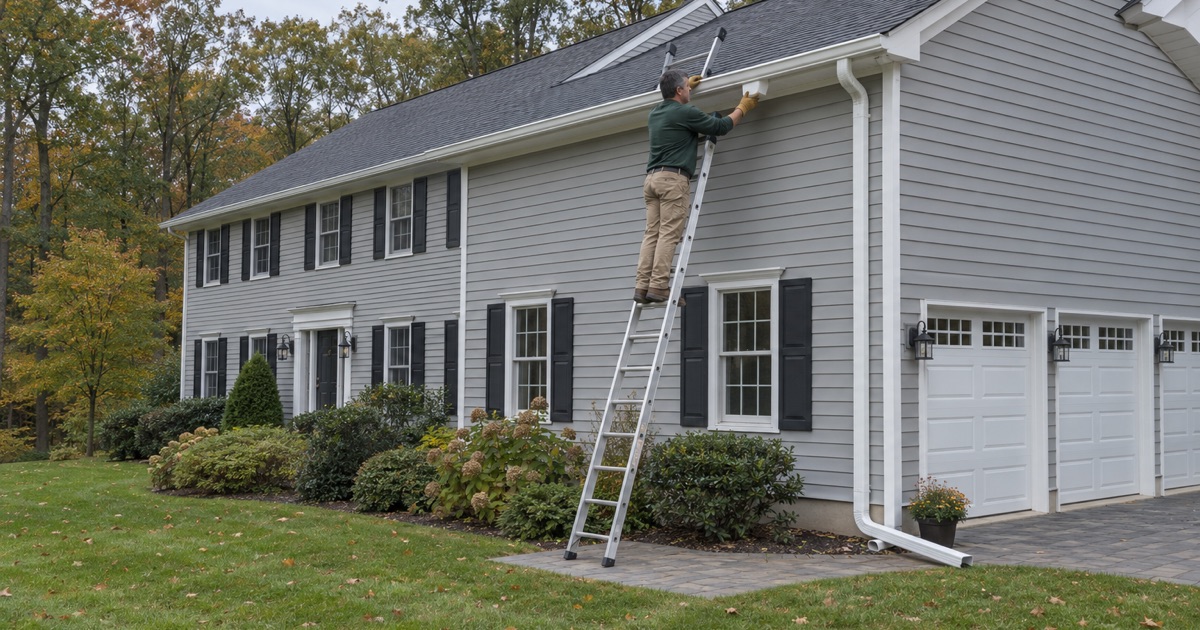 A wide downspout outlet being fitted to the long second-story gutter of a large Holmdel colonial.