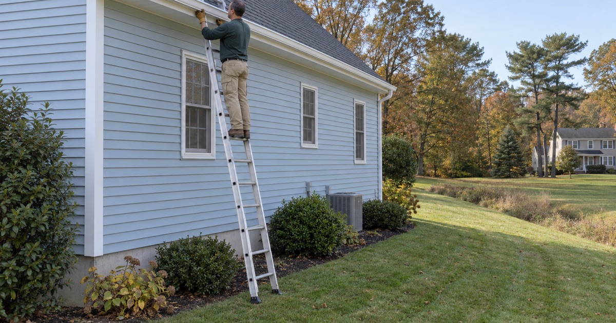 A new seamless gutter going up on a 1980s colonial in Howell, the lot’s grassy drainage swale behind.