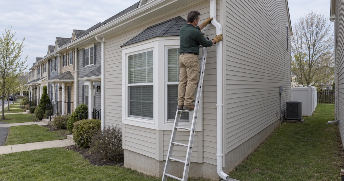 A downspout offset being fitted at the end unit of a row of attached townhouses in Lakewood.