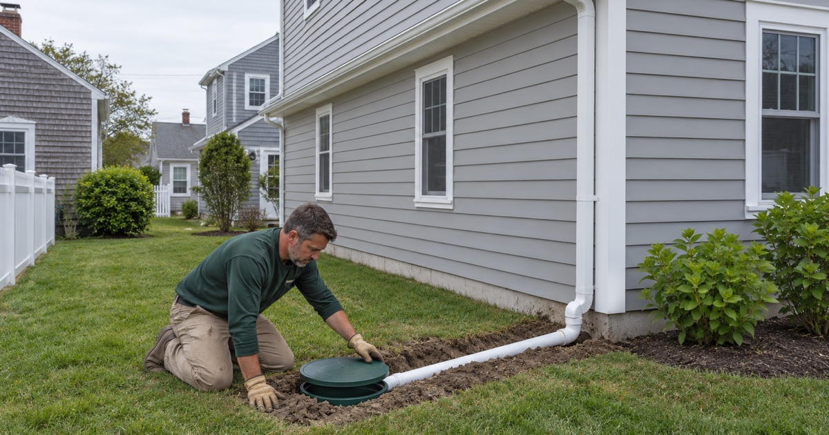 A downspout drain line running to a drywell on a Millstone Township lot