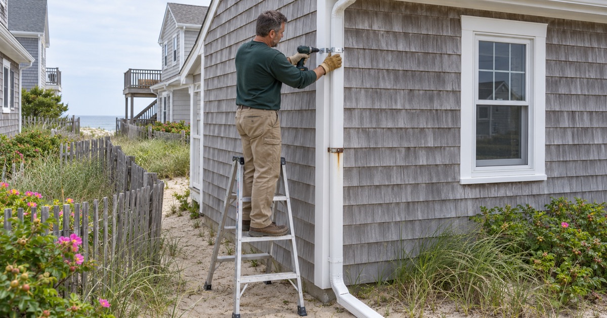 Stainless fasteners going on a shore cottage’s downspout in Point Pleasant Beach