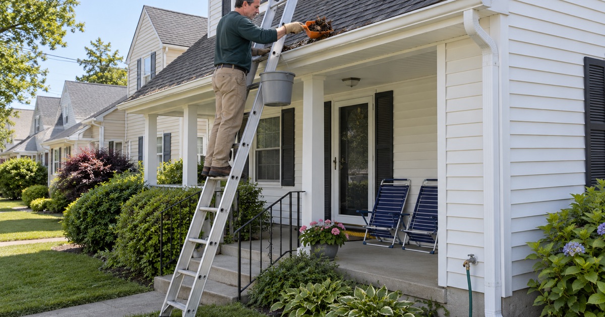 A gutter being cleaned out before a summer tenant arrives at a Point Pleasant rental house.