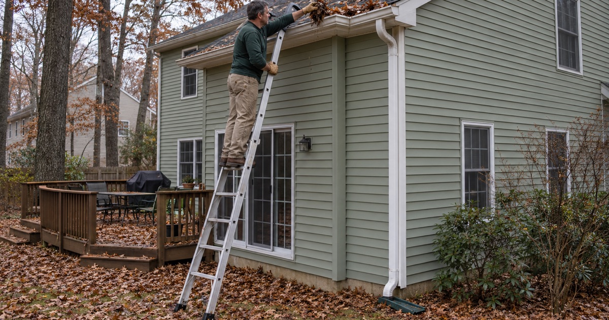 A wad of wet oak leaves and acorn caps pulled from a gutter corner on a Ramtown colonial in December.