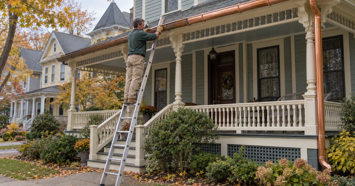 A copper half-round gutter being replaced in kind on a Victorian house in Red Bank’s historic district.