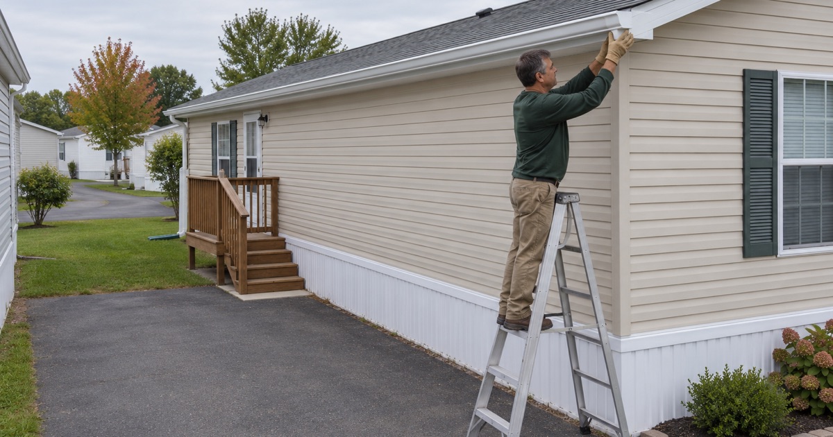 A gutter end cap being fitted on a manufactured home in Robbinsville.