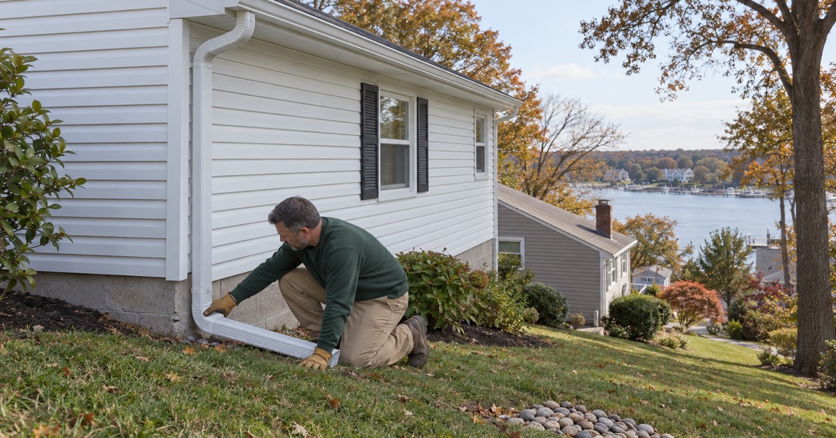 A downspout elbow turned so roof water stays on a sloping Shark River Hills lot.