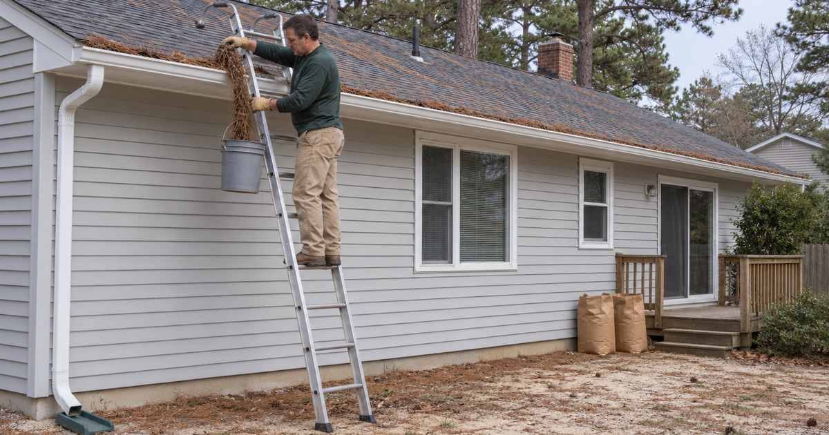 A gutter cleaner pulling a mat of pine needles out of the gutter of a Toms River ranch in spring.