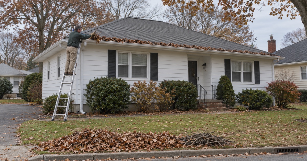 A gutter cleaner pulling a dead twig from a leaf-filled gutter on a Wall Township ranch, the leaves piled loose at the curb.